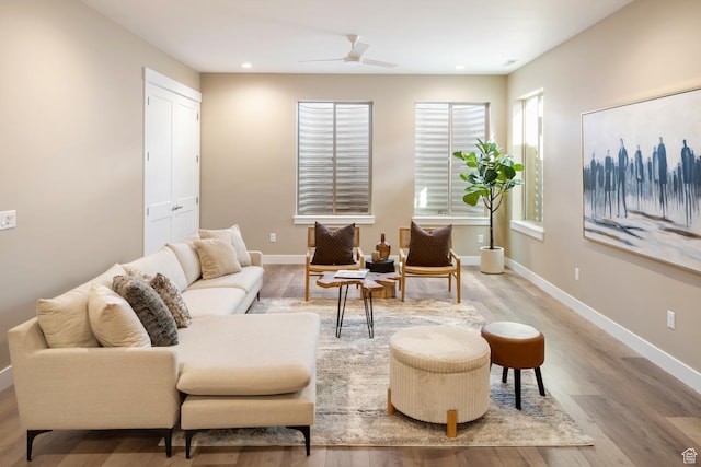 882 E 740 S, Salem, UT 84653 - living area featuring wood finished floors, a ceiling fan, baseboards, and recessed lighting