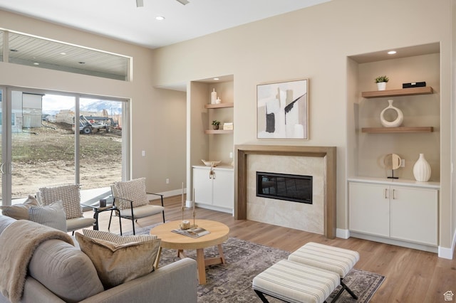 882 E 740 S, Salem, UT 84653 - living area with built in shelves, light wood finished floors, a fireplace, baseboards, and ceiling fan