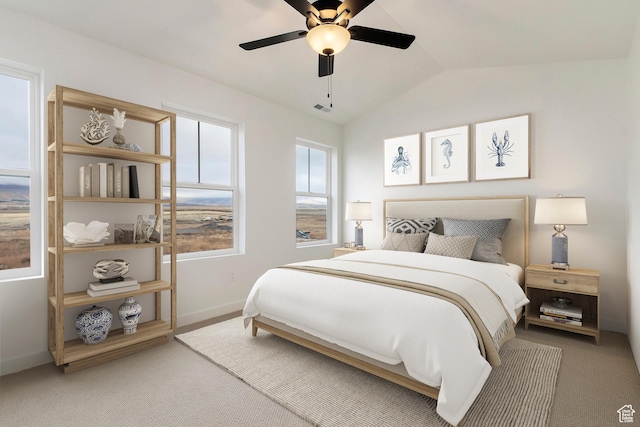7007 W S Jordan Pkwy Unit 374, South Jordan, UT 84009 - bedroom with vaulted ceiling, light colored carpet, baseboards, and a ceiling fan