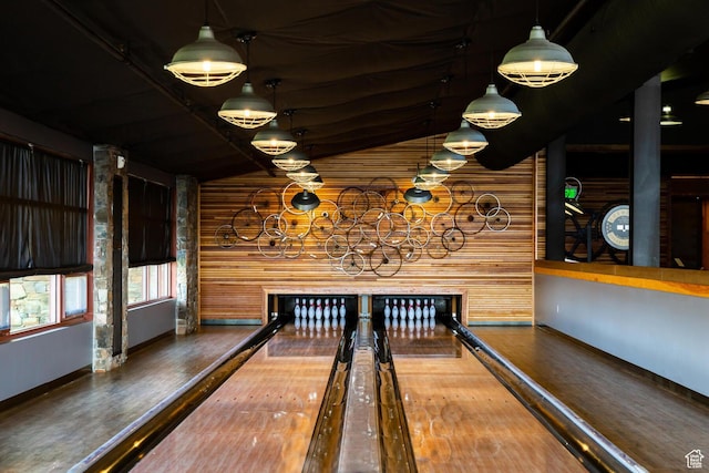 6902 Painted Valley Pass, Park City, UT 84098 - recreation room with wood finished floors, lofted ceiling, baseboards, and a bowling alley
