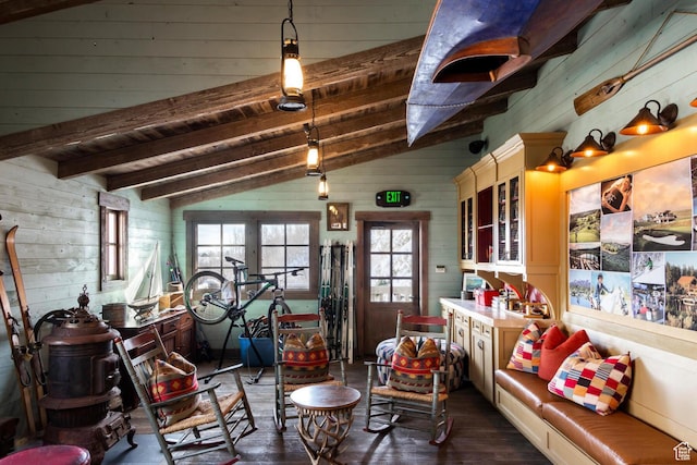 6902 Painted Valley Pass, Park City, UT 84098 - interior space featuring lofted ceiling with beams, dark wood-type flooring, wooden walls, and wood ceiling