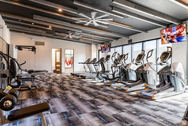 6902 Painted Valley Pass, Park City, UT 84098 - exercise room featuring carpet, visible vents, and ceiling fan
