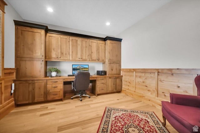 29125 N 11090 E, Fairview, UT 84629 - office featuring a wainscoted wall, light wood-type flooring, built in study area, lofted ceiling, and recessed lighting