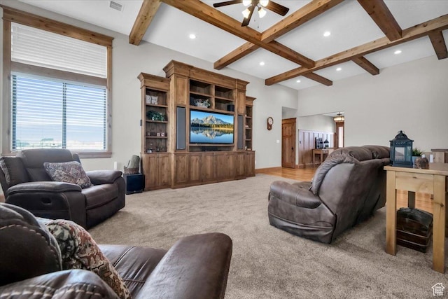 29125 N 11090 E, Fairview, UT 84629 - living area with recessed lighting, carpet flooring, a ceiling fan, and beam ceiling