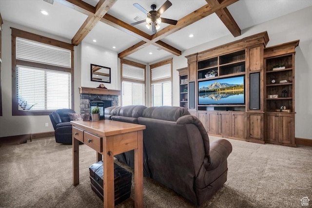 29125 N 11090 E, Fairview, UT 84629 - carpeted living area featuring coffered ceiling, beamed ceiling, a ceiling fan, and plenty of natural light