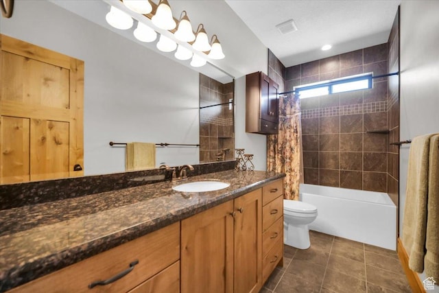 29125 N 11090 E, Fairview, UT 84629 - bathroom featuring toilet, vanity, visible vents, tile patterned floors, and shower / bathtub combination with curtain