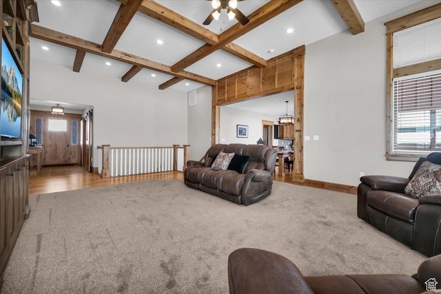 29125 N 11090 E, Fairview, UT 84629 - living room with a ceiling fan, recessed lighting, baseboards, beam ceiling, and carpet floors