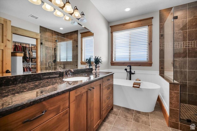 29125 N 11090 E, Fairview, UT 84629 - bathroom featuring a soaking tub, vanity, visible vents, a stall shower, and a walk in closet