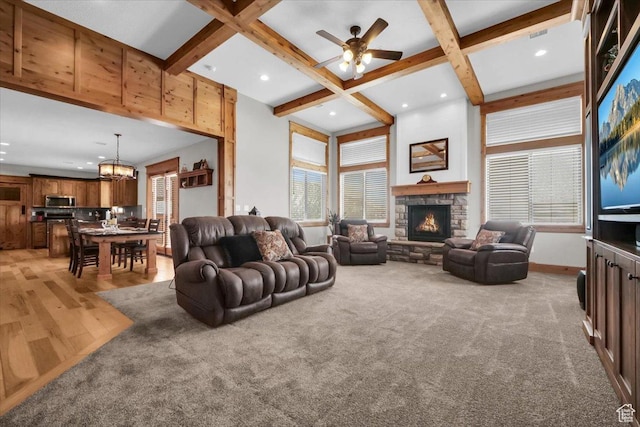 29125 N 11090 E, Fairview, UT 84629 - living room with recessed lighting, coffered ceiling, ceiling fan with notable chandelier, beamed ceiling, and a fireplace