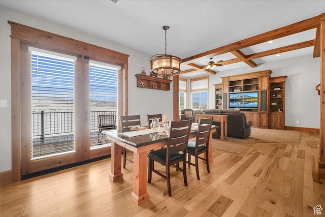 29125 N 11090 E, Fairview, UT 84629 - dining space with ceiling fan with notable chandelier, recessed lighting, light wood-style flooring, beamed ceiling, and baseboards