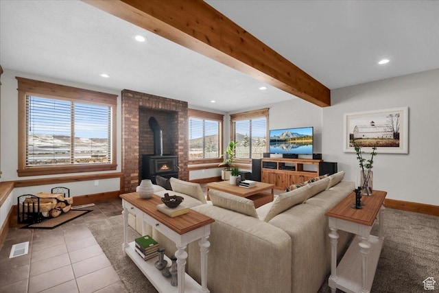 29125 N 11090 E, Fairview, UT 84629 - living room with baseboards, recessed lighting, a wood stove, and visible vents