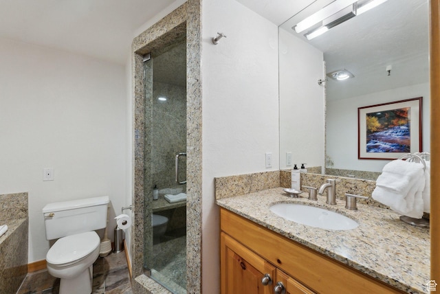 bathroom with a shower stall, toilet, and vanity