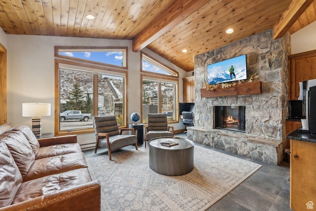 living area with beam ceiling, a stone fireplace, recessed lighting, wooden ceiling, and high vaulted ceiling