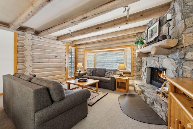 carpeted living room featuring beamed ceiling, a fireplace, and log walls