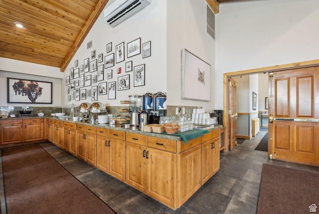 bar featuring wood ceiling, high vaulted ceiling, crown molding, and a wall unit AC