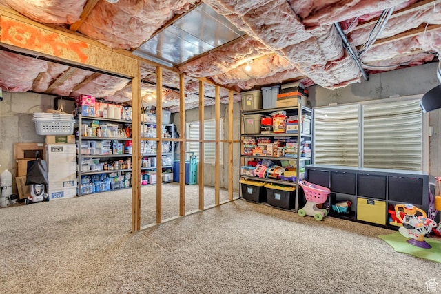 unfinished basement featuring carpet flooring