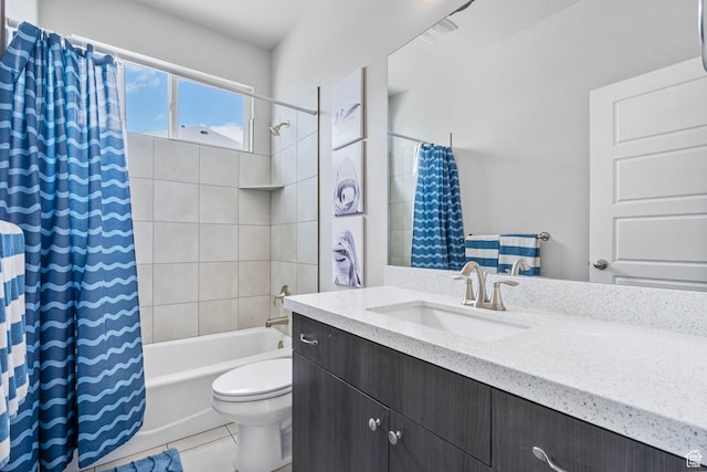 5131 N Stratford Dr W, Stansbury Park, UT 84074 - bathroom with shower / tub combo with curtain, vanity, tile patterned flooring, and toilet