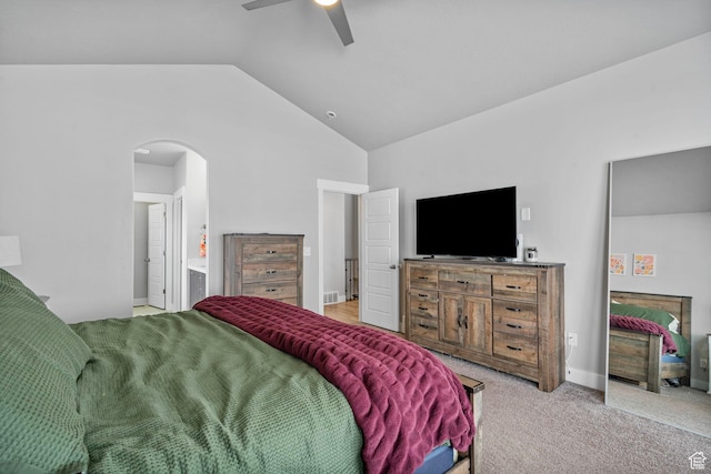 5131 N Stratford Dr W, Stansbury Park, UT 84074 - bedroom with lofted ceiling, visible vents, a ceiling fan, arched walkways, and carpet flooring