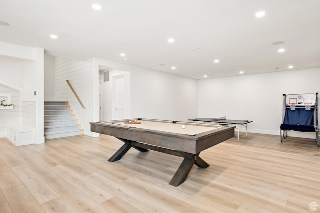 recreation room featuring recessed lighting, baseboards, light wood-style floors, and pool table