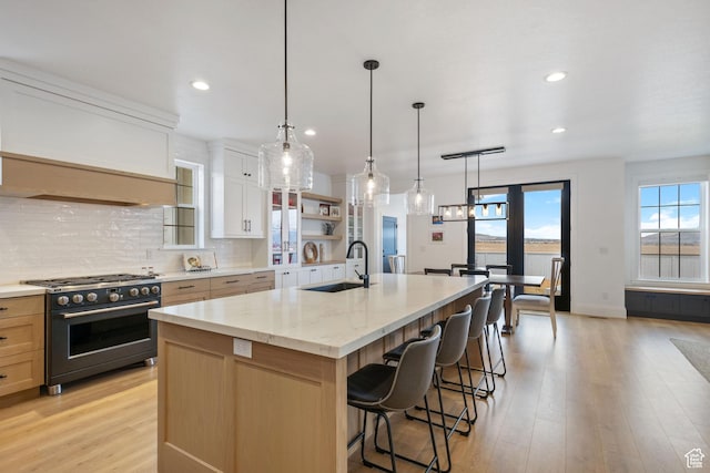 238 W Founders Blvd, Saratoga Springs, UT 84045 - kitchen featuring a sink, high end stainless steel range oven, light wood-type flooring, and decorative backsplash