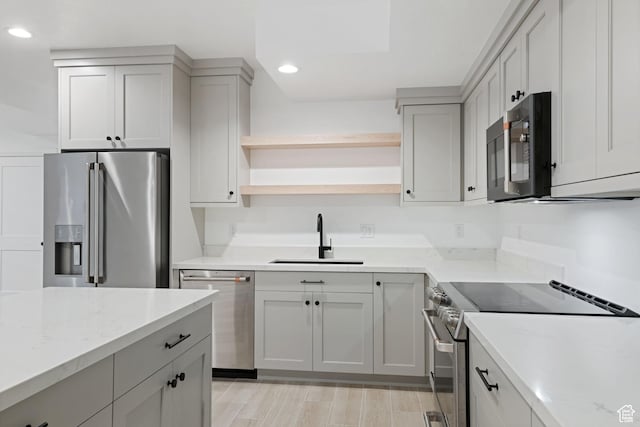 238 W Founders Blvd, Saratoga Springs, UT 84045 - kitchen with a sink, gray cabinetry, recessed lighting, stainless steel appliances, and open shelves