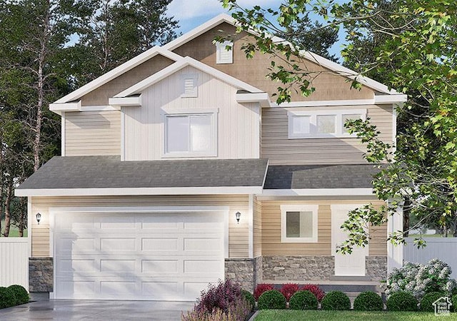 view of front of home with fence, an attached garage, and stone siding