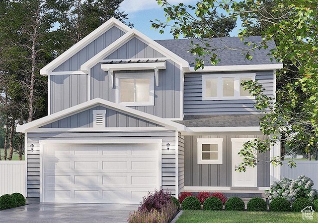 view of front of house with fence, board and batten siding, concrete driveway, a shingled roof, and a garage
