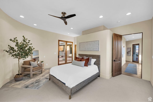 2031 E Cliff Point Dr, St George, UT 84790 - bedroom featuring recessed lighting, light colored carpet, access to exterior, and a ceiling fan