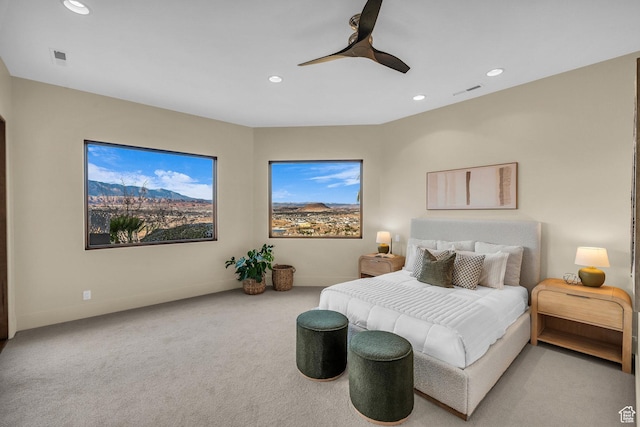 2031 E Cliff Point Dr, St George, UT 84790 - bedroom with visible vents, baseboards, recessed lighting, ceiling fan, and light colored carpet