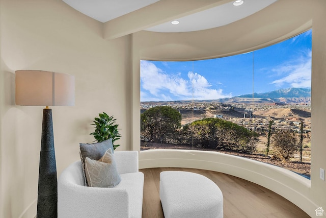 2031 E Cliff Point Dr, St George, UT 84790 - interior space with recessed lighting, beamed ceiling, wood finished floors, and a mountain view