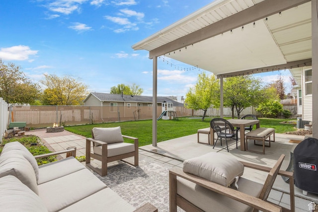 13105 S 2420 W, Riverton, UT 84065 - view of patio featuring an outdoor living space with a fire pit, a playground, and outdoor dining area
