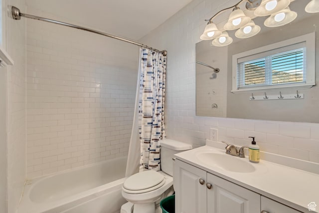 77 E 1100 N, Pleasant Grove, UT 84062 - bathroom featuring shower / bath combo with shower curtain, toilet, tile walls, decorative backsplash, and vanity