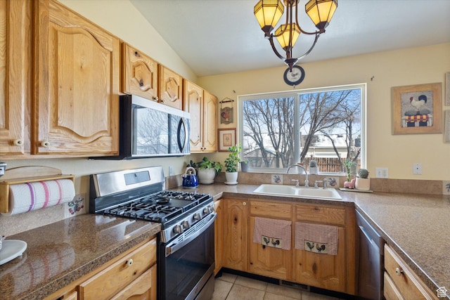 5965 S Stone Flower Way, Salt Lake City, UT 84118 - kitchen with a notable chandelier, a sink, stainless steel appliances, light tile patterned flooring, and vaulted ceiling