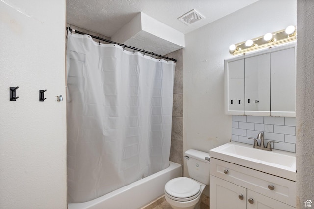 5965 S Stone Flower Way, Salt Lake City, UT 84118 - bathroom with tasteful backsplash, visible vents, toilet, vanity, and a textured ceiling