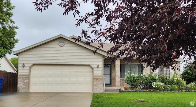 5965 S Stone Flower Way, Salt Lake City, UT 84118 - ranch-style home with fence, driveway, an attached garage, a front lawn, and brick siding