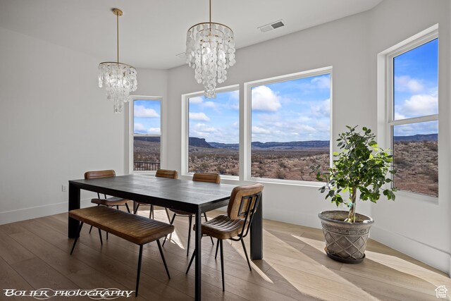 3218 E Rimrunner Dr, St George, UT 84790 - dining space with visible vents, an inviting chandelier, wood finished floors, and a mountain view
