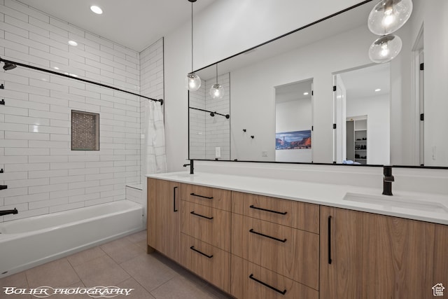 3218 E Rimrunner Dr, St George, UT 84790 - full bathroom with tile patterned flooring, double vanity, shower / bath combo, and a sink