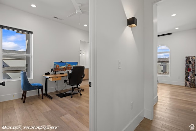 3218 E Rimrunner Dr, St George, UT 84790 - office area featuring baseboards, visible vents, recessed lighting, ceiling fan, and light wood-style floors