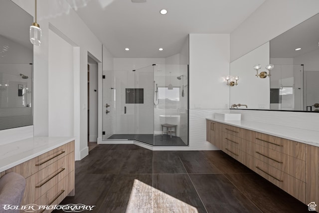 3218 E Rimrunner Dr, St George, UT 84790 - full bathroom with recessed lighting, a shower stall, and vanity