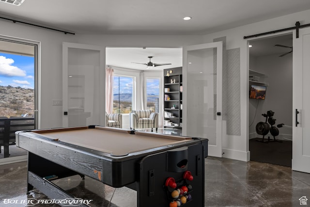 3218 E Rimrunner Dr, St George, UT 84790 - playroom with billiards, a ceiling fan, visible vents, baseboards, and a barn door