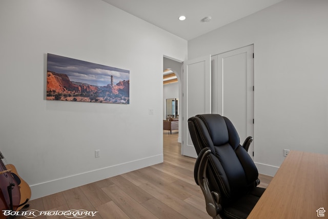 3218 E Rimrunner Dr, St George, UT 84790 - office featuring recessed lighting, light wood-type flooring, baseboards, and arched walkways