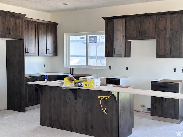 265 W 400 S, Ephraim, UT 84627 - kitchen featuring a center island, dark brown cabinets, a breakfast bar area, and a textured ceiling