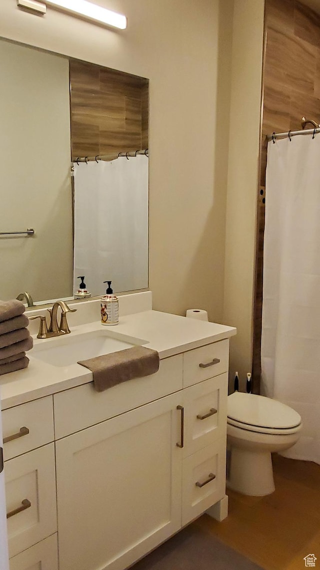 full bath featuring toilet, vanity, and a shower with curtain