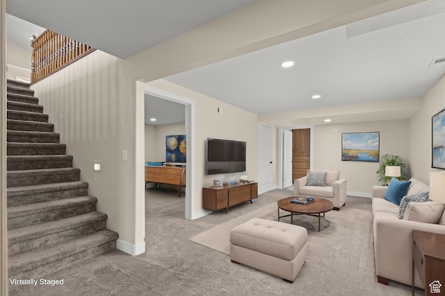 living room with stairs, recessed lighting, baseboards, and carpet floors