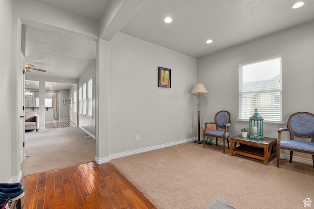 11709 S Grandville Ave, South Jordan, UT 84009 - living area featuring wood-type flooring, recessed lighting, a ceiling fan, carpet, and a textured ceiling