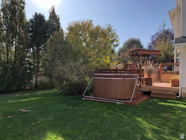 8377 S Wild Oak Dr, West Jordan, UT 84088 - view of yard featuring a deck, a pergola, and a hot tub