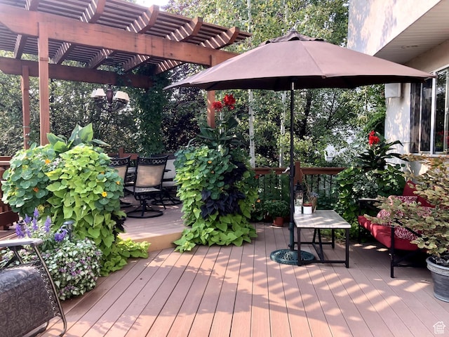 8377 S Wild Oak Dr, West Jordan, UT 84088 - wooden terrace featuring outdoor dining area and a pergola