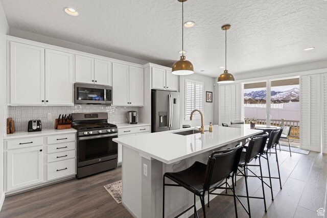 415 W 1410 N Unit 81, Tooele, UT 84074 - kitchen featuring an island with sink, a sink, stainless steel appliances, dark wood-type flooring, and tasteful backsplash
