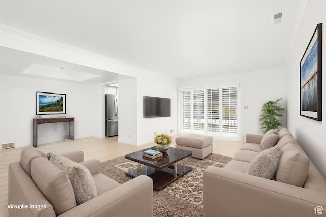 1525 E Waterbury Dr Unit D, Salt Lake City, UT 84121 - living room featuring light wood finished floors, ornamental molding, and a skylight