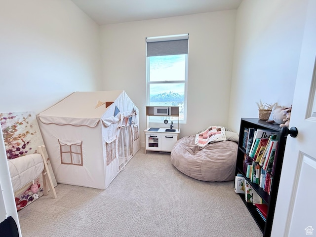 game room with light carpet